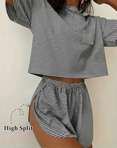 Ekouaer Womens Pajama Sets Sexy Lounge Sets Side Split Short Pj Sets - color: Black and White Stripes, size: Small
