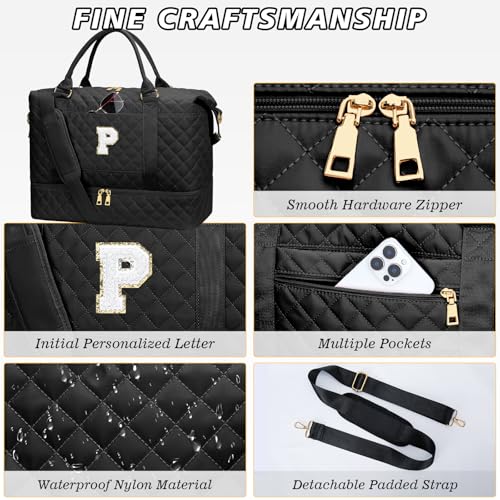 Birthday Gifts Initial Duffle Bag with Shoe Compartment(Black,P) - color: Black, style: P