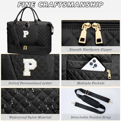 Birthday Gifts Initial Duffle Bag with Shoe Compartment(Black,P) - color: Black, style: P