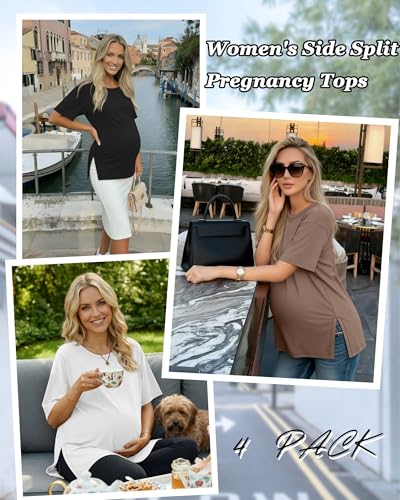 Riyiper 4 Pack Women's Short Sleeve Maternity T Shirts - color: Black, White, Coffee, Khaki, size: X-Large