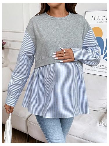 MakeMeChic Women's Going Out Striped Maternity T Shirt Crew Neck Long Sleeve Pregnancy Tops - size: Medium