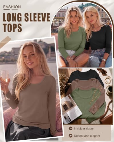 3 Pack Women's Long Sleeve Nursing Tops - color: Army Green, Light Brown, Black, size: Medium