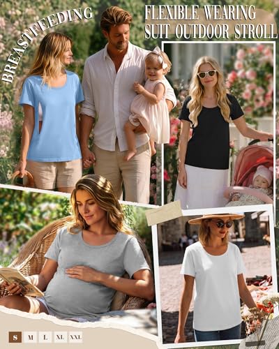 Ficerd 4 Pack Women's Maternity Nursing Shirts - color: Sky Blue, White, Light Gray, Black, size: XX-Large