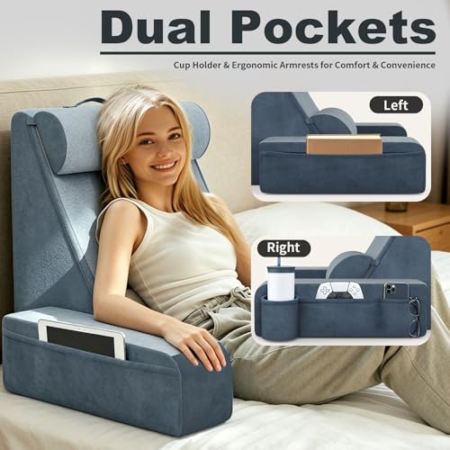 COZEER Reading Pillow, Back Pillow for Bed with Adjustable Headrest & Independent Lumbar Support, Detachable Armrest Sit Up Pillow for Bed, Dual Side Storage Pockets for Reading
