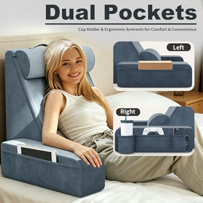 COZEER Reading Pillow, Back Pillow for Bed with Adjustable Headrest & Independent Lumbar Support, Detachable Armrest Sit Up Pillow for Bed, Dual Side Storage Pockets for Reading