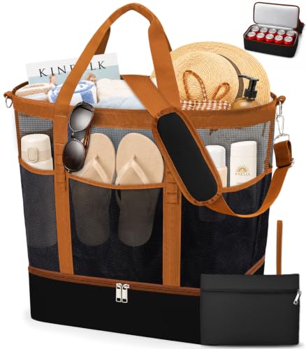 2-in-1 Mesh Beach Bag with Cooler for Women, Extra Large Beach Tote with Zipper, 11 Pockets, Adjustable Shoulder Strap - color: Black and Brown