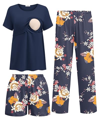 Ekouaer 3 Pack Postpartum Nursing Pajamas Breastfeeding Maternity Clothes - color: Navy Blue Floral, size: Medium