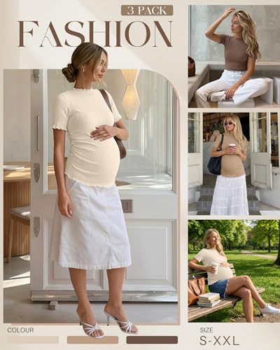 3 Pack Women's Ribbed Maternity Tops - color: Apricot, Khaki, Coffee, size: Medium