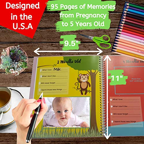 Novarena First 5 Years Baby Memory Book Journal Scrapbook 48 Pack Monthly Milestones Stickers & Clean-Touch Baby Safe Ink Pad - color: Giraffe and Jungle Theme for Boys