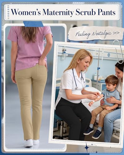 3 Pack Comfy Women's Maternity Scrub Pants - color: Khaki, Navy Blue, Black, size: X-Large