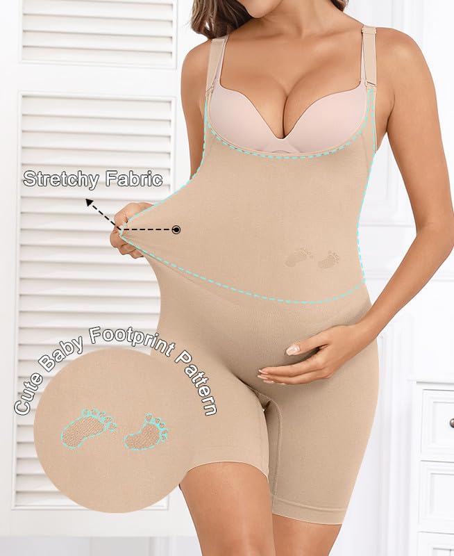 Women's Maternity Bodysuit Seamless Pregnancy Shapewear Shorts Under Dresses Belly Support 1*BLACK+1*NUDE Medium