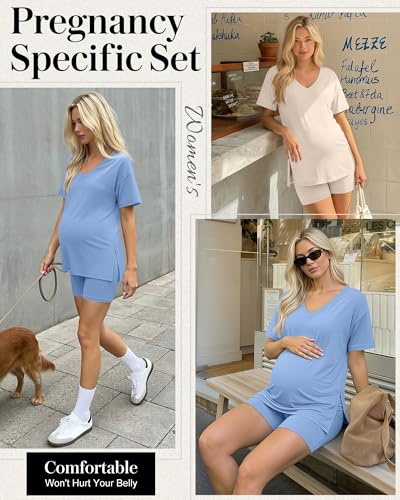 2 Pack Women Maternity Set Pregnancy Outfit - color: Blue, Beige, size: X-Large