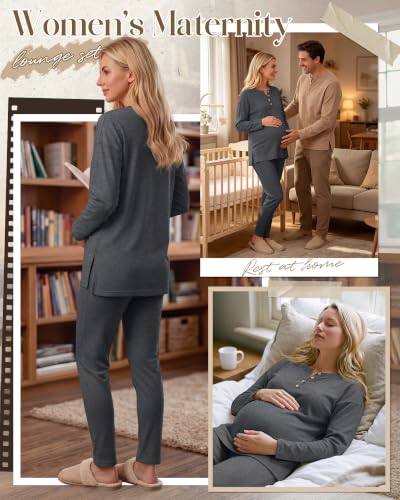 Huukeay Maternity Lounge Set Long Sleeve - color: Dark Heather Gray, size: XX-Large