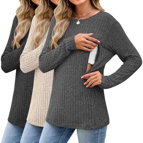 3 Pack Maternity Nursing Ribbed Long Sleeve Tops - color: Black, Apricot, Dark Gray, size: Small