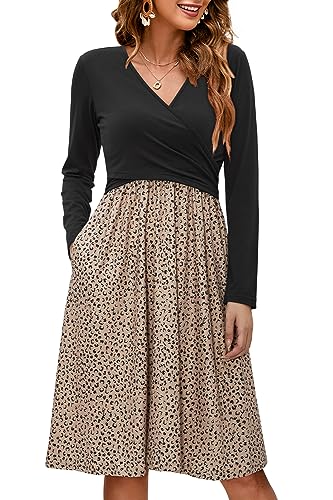 OUGES Women's Nursing Breastfeeding Pocket Fall Baby Shower Maternity Dress - color: Black Khaki Floral Leopard, size: X-Large