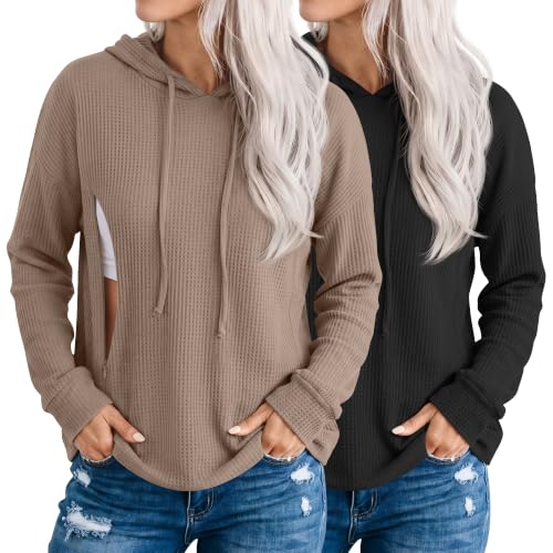 Ficerd 2 Pack Women's Nursing Waffle Hoodies Breastfeeding Tops - color: Coffee, Black, size: X-Large