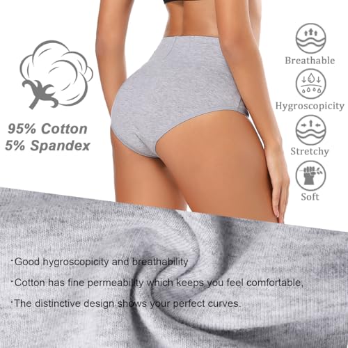 Molasus Women's Cotton Underwear High Waisted Full Coverage Ladies Panties (Regular & Plus Size) - color: Grey-5pack, size: Large