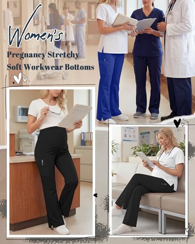 2 Pack Women's Maternity Wide Leg Cargo Scrub Pants - color: Royal Blue, Black, size: Large