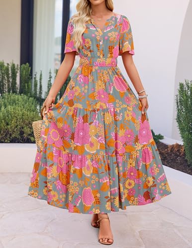 ZESICA Women's 2026 Summer Floral Boho A Line Maxi Dresses - color: Greygreen, size: Medium
