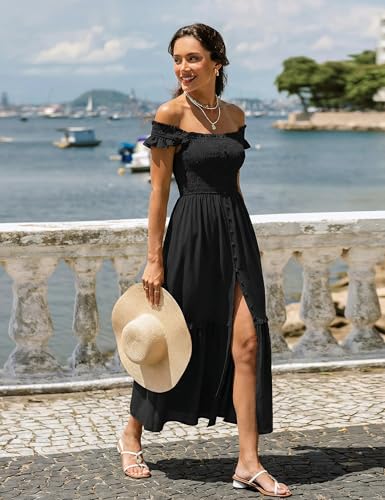 Women Summer Casual Midi Dress Square Neck Button Down Smocked Ruffle Strap Flowy Split Beach Sundress Pockets - color: Black, size: Small