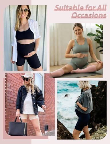 CTHH 4 Pack Soft Maternity Biker Shorts Over Belly with Pockets 8" - color: 03- Black/Grey/Navy/Light Apricot, size: Medium