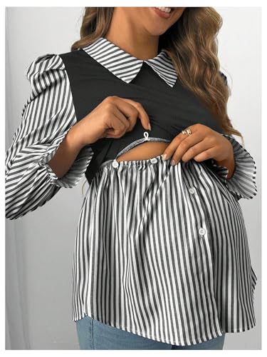 WDIRARA Women's Maternity Striped Button Down Shirts Long Sleeve Collared Blouse 2 in 1 Nursing Top - color: Black, size: Medium