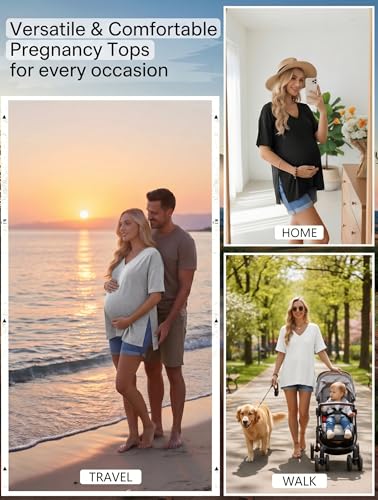 Ekouaer Maternity Shirts 3 Pack Oversized Pregnancy Tops Summer Clothes - color: 3 Pcs Black/ Light Grey/ White, size: Large