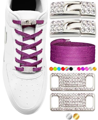Elastic No Tie Shoe Laces with Bling Diamond Locks & Charms for Women's Sneakers - color: 09 Glitter Purple- Silver