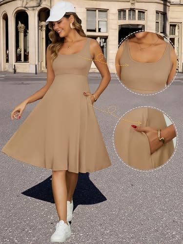 Women's Maternity Dress with Pockets Sleeveless Square Neck - color: Khaki, size: Small