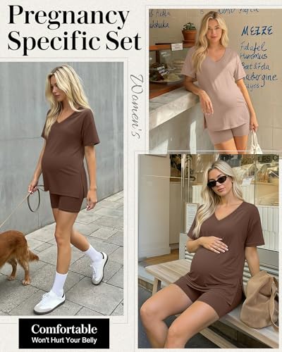 2 Pack Women Maternity Set Pregnancy Outfit - color: Apricot, Coffee, size: Medium