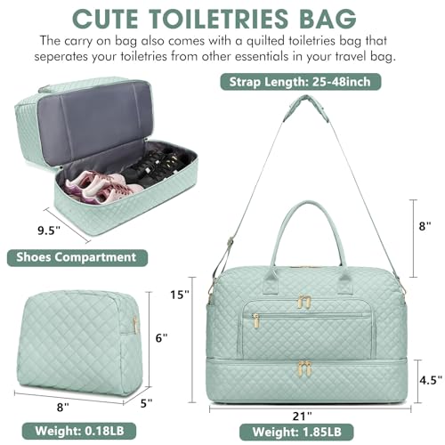 Travel Duffle Bag Weekender for Women - 38L Carry-On Overnight Bag Personal Item Bag with Shoe Compartment & Wet Pocket Weekend Tote Bags with Toiletry Bag Hospital Bags for Labor and Delivery - color: Light Green - 38L
