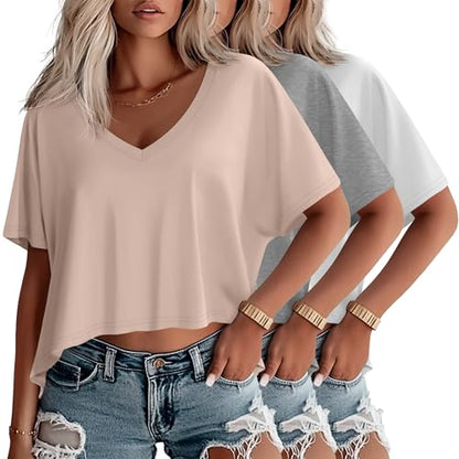 Huukeay 3 Pack Women's Oversized V Neck T Shirts - color: Apricot, Light Heather Gray, White, size: XX-Large