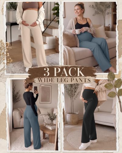 3 Pack Women's Maternity Yoga Pants with Pockets - color: Apricot, Slate Blue, Black, size: Medium