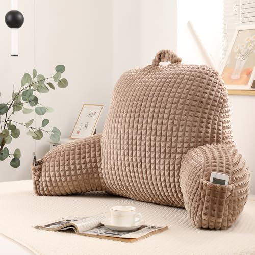 Reading Pillow with Arms for Sitting in Bed,Backrest,Khaki Flannel,M - color: Khaki, size: Standard(17")