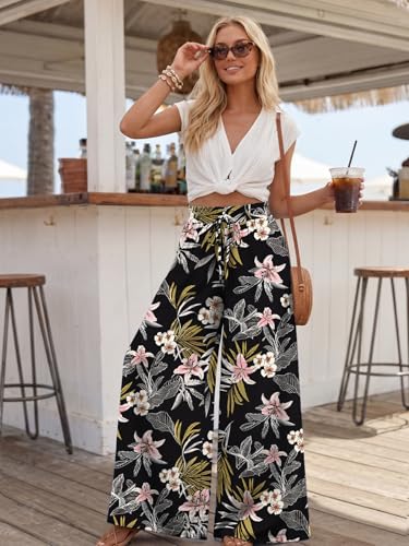 LILLUSORY Womens Wide Leg Palazzo Pants with Pockets High Waist Flowy - color: Black Print, size: Large