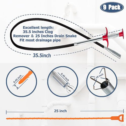 Drain Snake Hair Clog Remover Tool Set - 9 Pack Deep Cleaning Kit