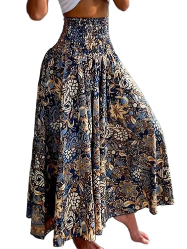 CHICME Womens Boho High Waisted Wide Leg Palazzo Pants Beach Vacation Wear - color: A-blue, size: Large