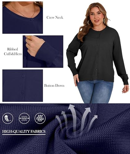 OLRIK Plus Size Long Sleeve Crewneck Cardigan Classic Fall Knit - color: Black, size: 3X