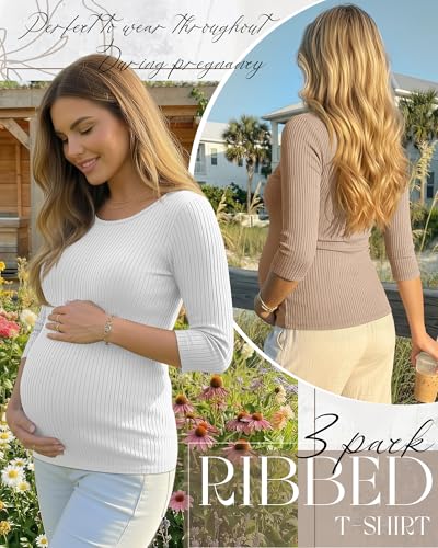 Neer 3 Pack Women's 3/4 Sleeve Crew Neck Maternity Tops - color: Haze Blue, White, Khaki, size: Large
