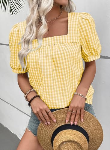 EVALESS Womens Gingham Top Short Sleeve Square Neck Shirts Cotton Blouse - color: B Yellow, size: Large