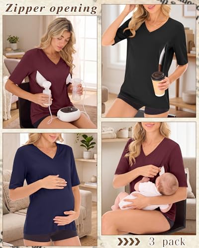 Neer 3 Pack Women's Nursing Shirts Breastfeeding Tops - color: Burgundy, Navy Blue, Black, size: Small