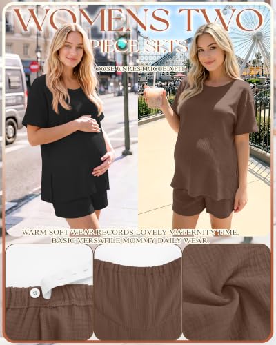 Riyiper 4 Pcs 100% Cotton Maternity Pajamas Sets - color: Light Brown, Black, size: Large