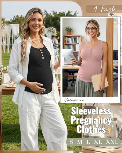 4 Pack Maternity Henley Tank Tops - color: Dusty Pink, Army Green, White, Black, size: Small