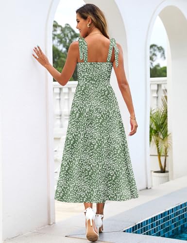 Zattcas Womens 2026 Summer Tie Shoulder Floral Maxi Dress with Pockets - color: Greenwhite Leaf, size: Medium
