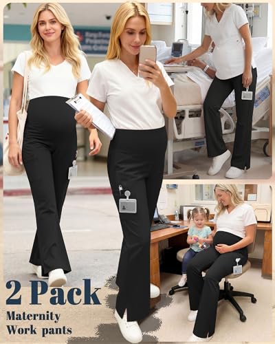 2 Pack Women's Maternity Wide Leg Cargo Scrub Pants - color: Black, size: Medium