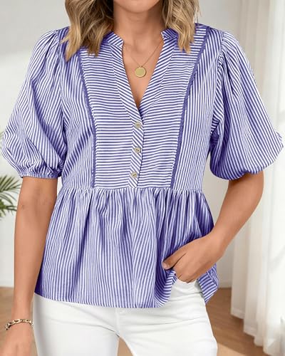 dowerme Women Lantern Sleeve Button Up Stripes Babydoll Tops - color: Dark Blue, size: Medium
