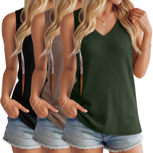 3 Pack Women's Waffle Nursing Tank Tops - color: Black, Army Green, Coffee, size: Medium