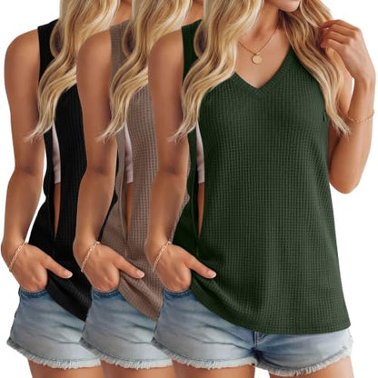 3 Pack Women's Waffle Nursing Tank Tops - color: Black, Army Green, Coffee, size: Medium