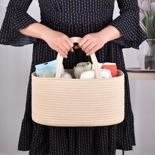 COMSE Large Cotton Rope Baby Diaper Caddy Organizer with Handles, Beige - color: Beige, size: Large
