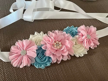 Flowers for Sashes Maternity Pregnancy Sash Belt for Baby Shower Wedding Bride - color: Pink Blue